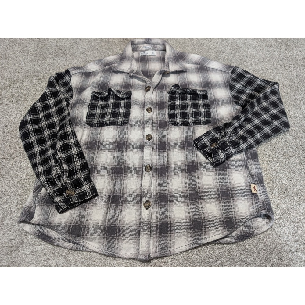 Hollister Button Down Women M‎ Grey Plaid Boyfriend Fit Colorblock Flannel Thick